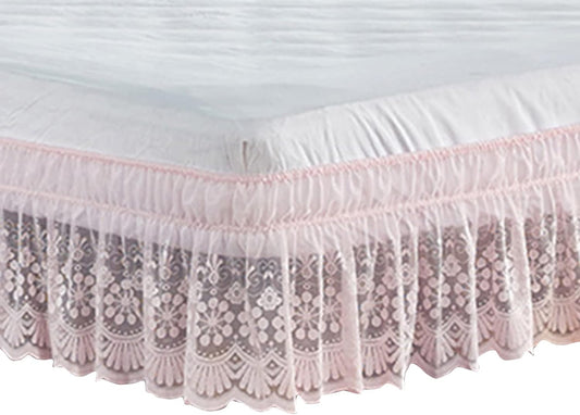 Vintage Solid Lace Elastic Dust Bed Skirt,Wrap Around Bed Skirt,Easy On/Off Dust Ruffle,15" Drop