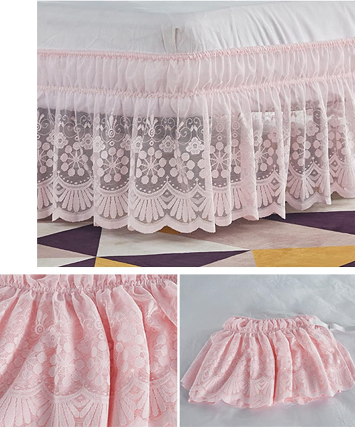 Vintage Solid Lace Elastic Dust Bed Skirt,Wrap Around Bed Skirt,Easy On/Off Dust Ruffle,15" Drop