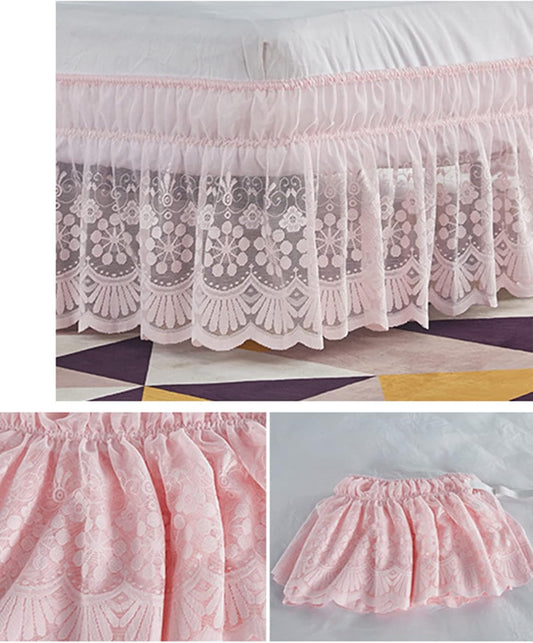 Vintage Solid Lace Elastic Dust Bed Skirt,Wrap Around Bed Skirt,Easy On/Off Dust Ruffle,15" Drop