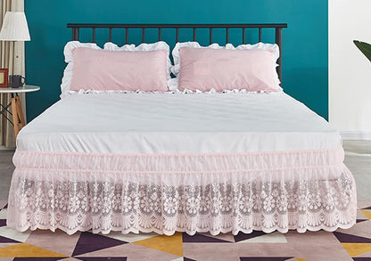 Vintage Solid Lace Elastic Dust Bed Skirt,Wrap Around Bed Skirt,Easy On/Off Dust Ruffle,15" Drop