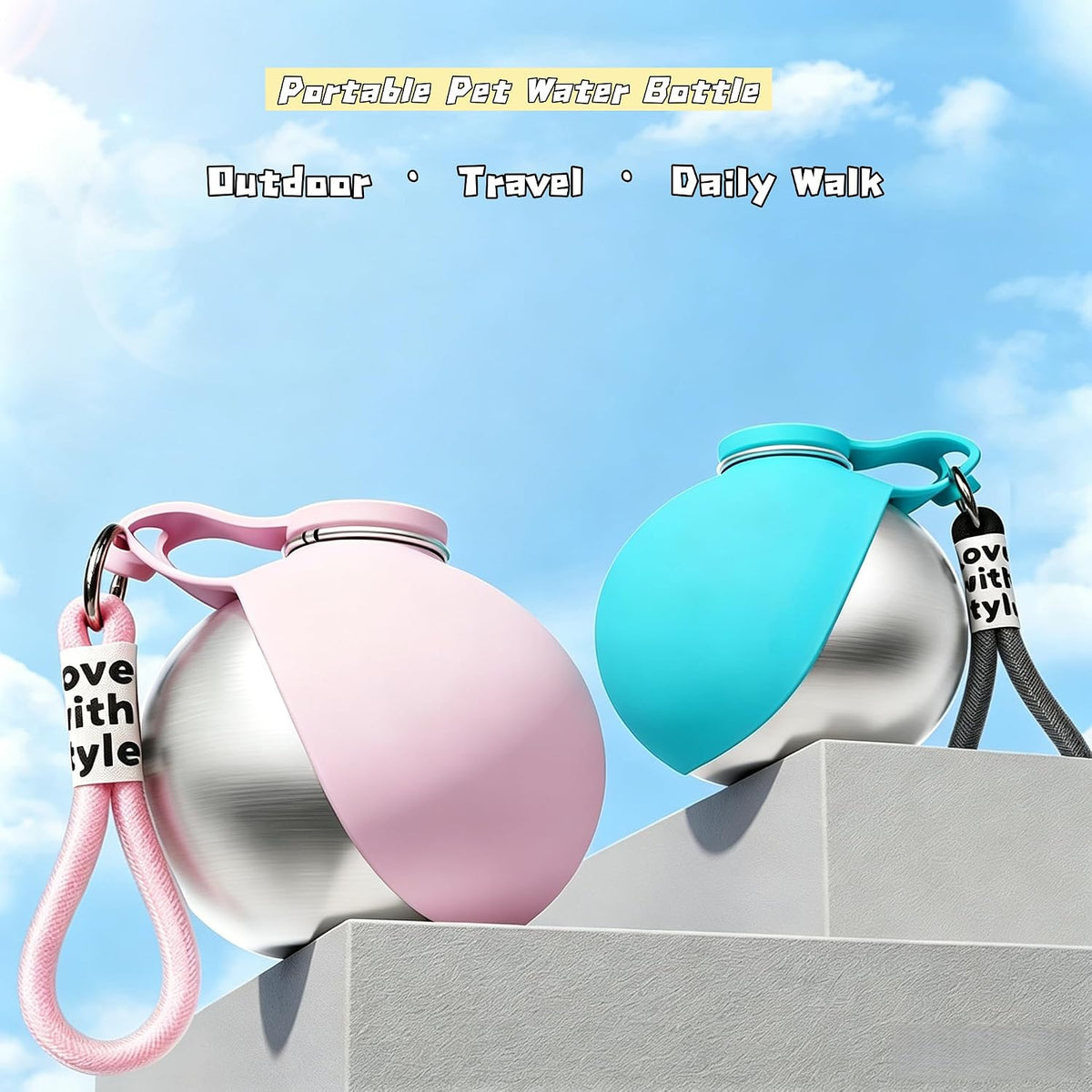2-in-1 Dog Water Bottle - Portable Pet Travel Flask with Bowl -Pink