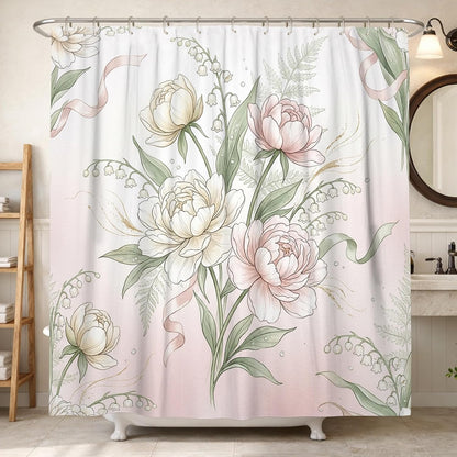 Peony Shower Curtain, Floral Romantic Lilies of the Valley Ribbon Spring Peach Waterproof Fabric Design Print Bath Curtains for Home Bathroom Toile Hotel Decor 72x78 Inch
