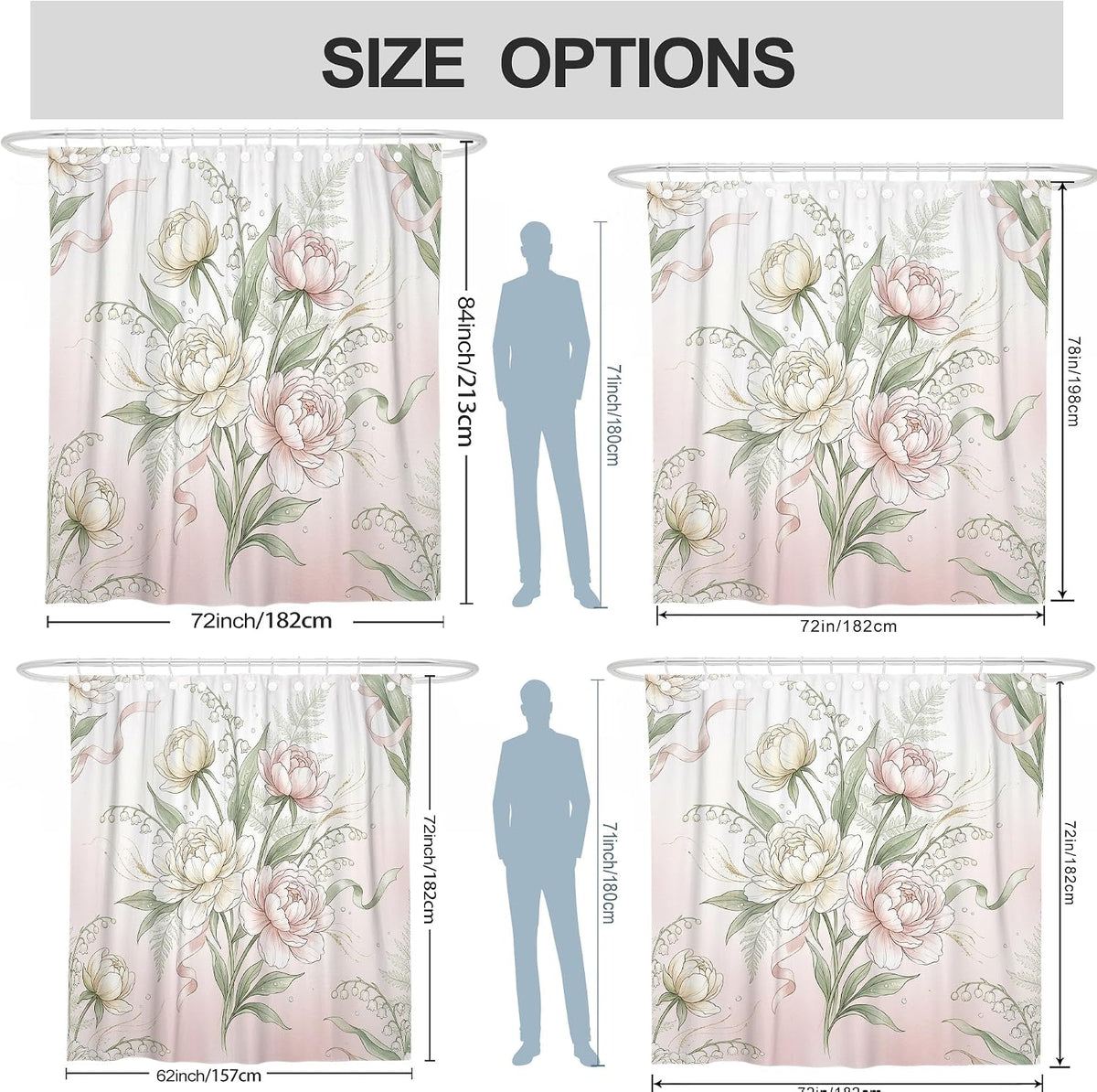 Peony Shower Curtain, Floral Romantic Lilies of the Valley Ribbon Spring Peach Waterproof Fabric Design Print Bath Curtains for Home Bathroom Toile Hotel Decor 72x78 Inch