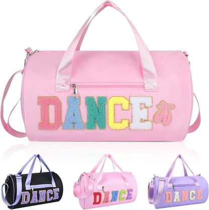 Dance Bag for Girls, 23L Waterproof Travel Duffel Bag with Colorful Chenille Letter, Lightweight Small Gym Sport Ballet Bag with Large Main Compartment 15"Lx9"Wx9"H - Light Pink