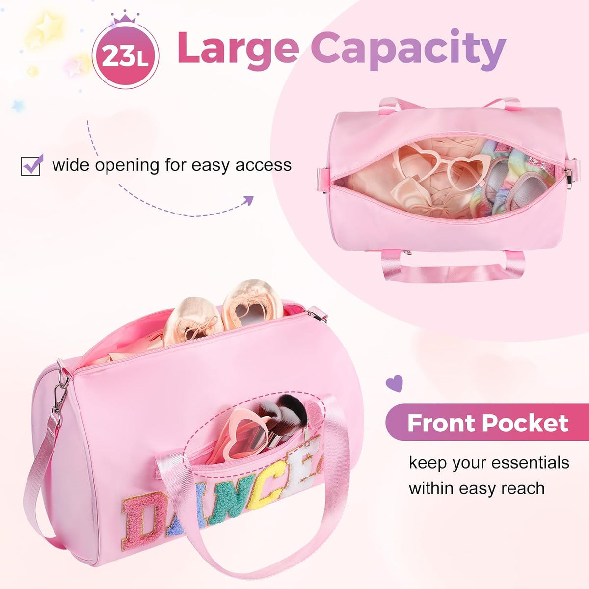 Dance Bag for Girls, 23L Waterproof Travel Duffel Bag with Colorful Chenille Letter, Lightweight Small Gym Sport Ballet Bag with Large Main Compartment 15"Lx9"Wx9"H - Light Pink