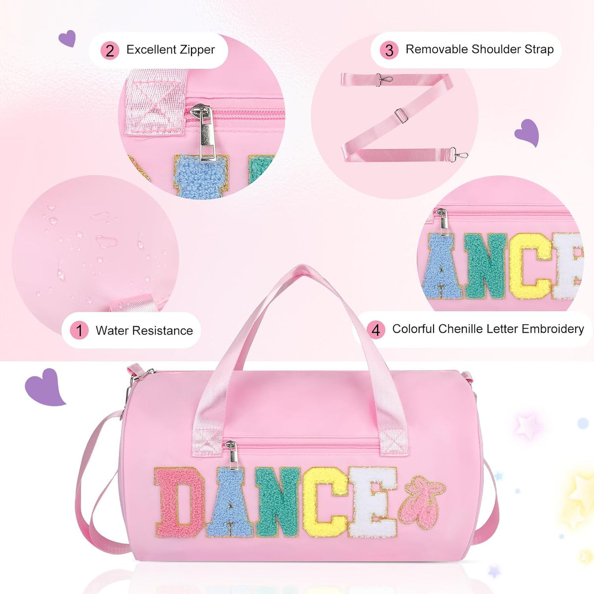 Dance Bag for Girls, 23L Waterproof Travel Duffel Bag with Colorful Chenille Letter, Lightweight Small Gym Sport Ballet Bag with Large Main Compartment 15"Lx9"Wx9"H - Light Pink