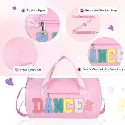 Dance Bag for Girls, 23L Waterproof Travel Duffel Bag with Colorful Chenille Letter, Lightweight Small Gym Sport Ballet Bag with Large Main Compartment 15"Lx9"Wx9"H - Light Pink