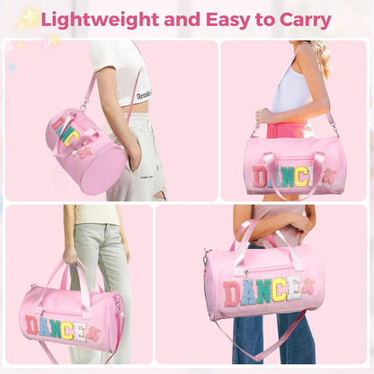 Dance Bag for Girls, 23L Waterproof Travel Duffel Bag with Colorful Chenille Letter, Lightweight Small Gym Sport Ballet Bag with Large Main Compartment 15"Lx9"Wx9"H - Light Pink