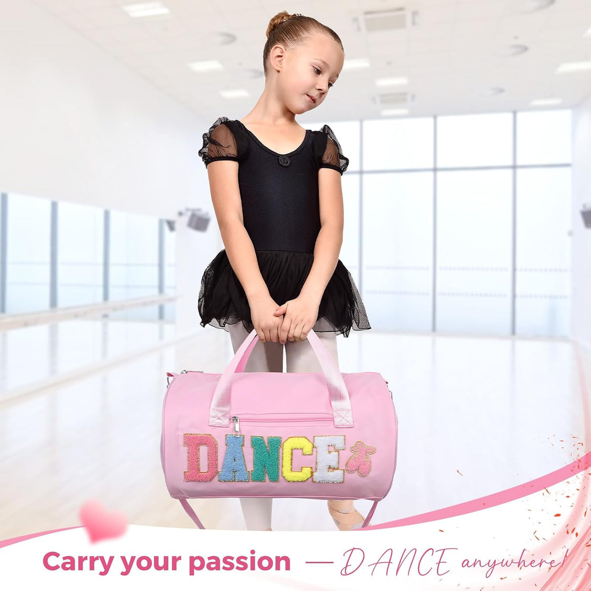 Dance Bag for Girls, 23L Waterproof Travel Duffel Bag with Colorful Chenille Letter, Lightweight Small Gym Sport Ballet Bag with Large Main Compartment 15"Lx9"Wx9"H - Light Pink