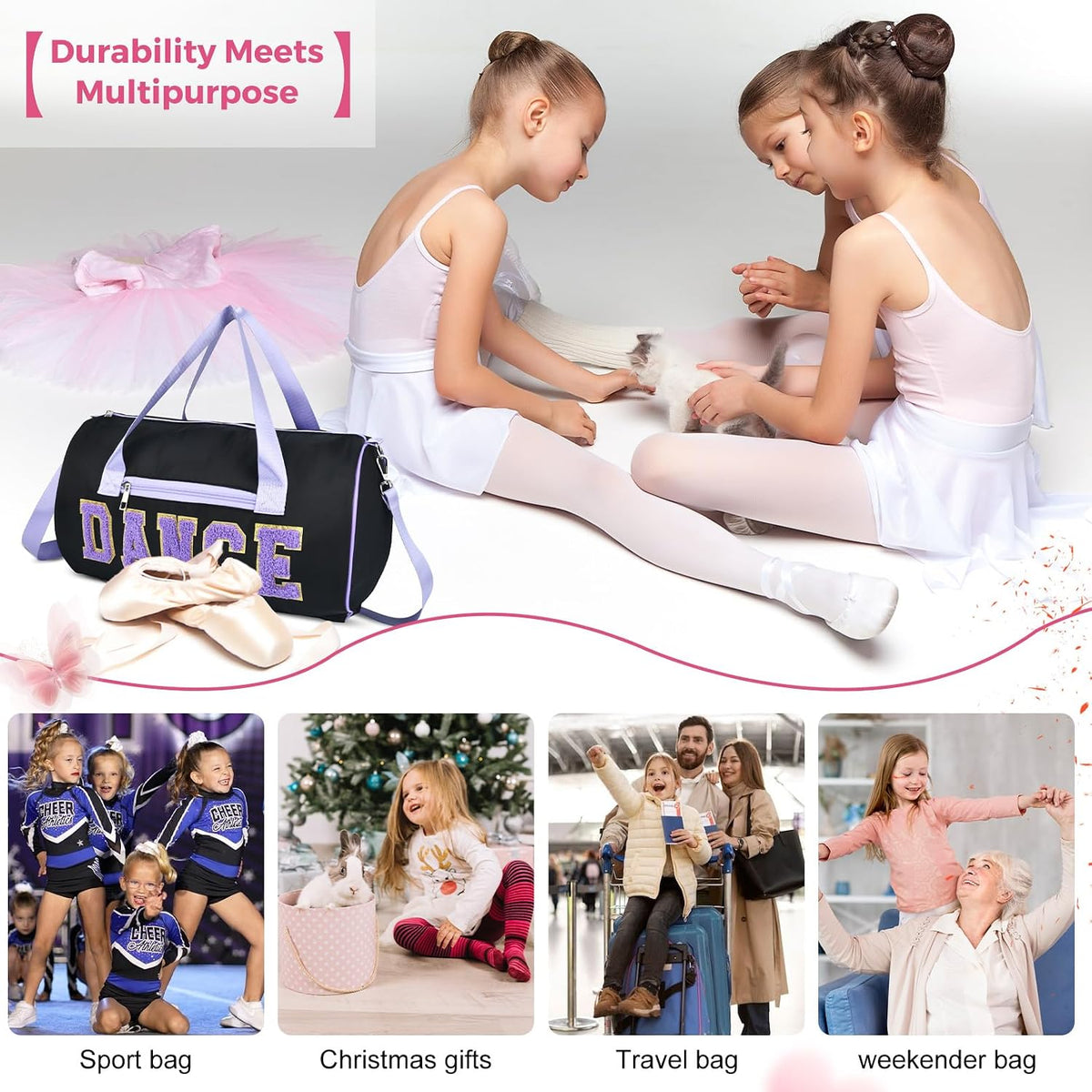 Dance Bag for Girls, 23L Waterproof Travel Duffel Bag with Colorful Chenille Letter, Lightweight Small Gym Sport Ballet Bag with Large Main Compartment 15"Lx9"Wx9"H - Light Pink