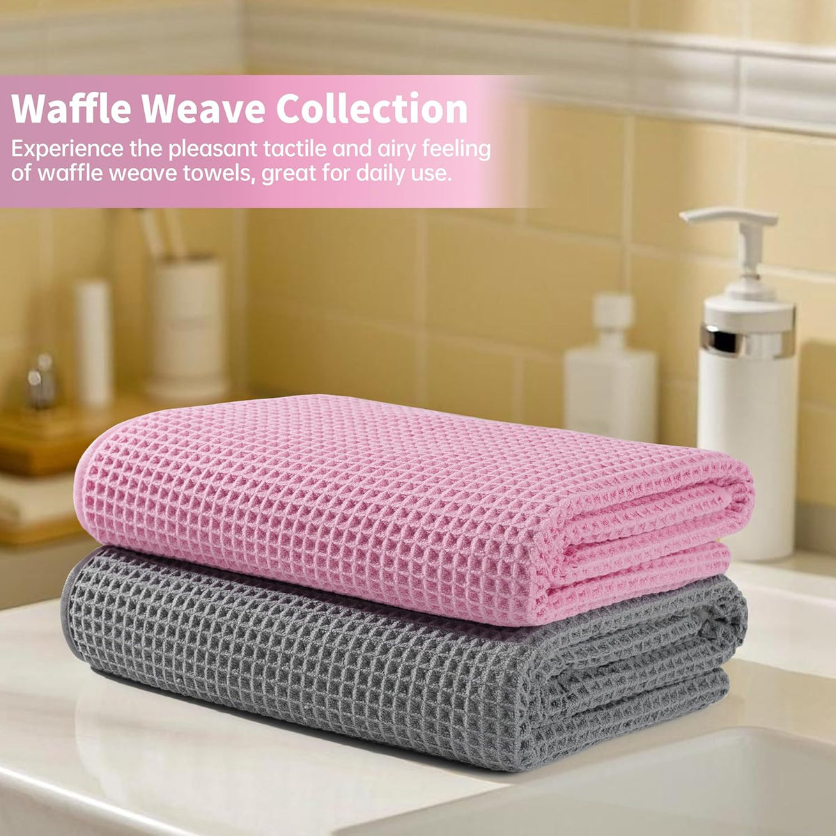 New Microfiber Waffle Bath Towels, 2 Pieces, Oversized, Soft, Absorbent, Fast Drying, Lint Free 430 GSM (30''x60''/76cm x 152cm)