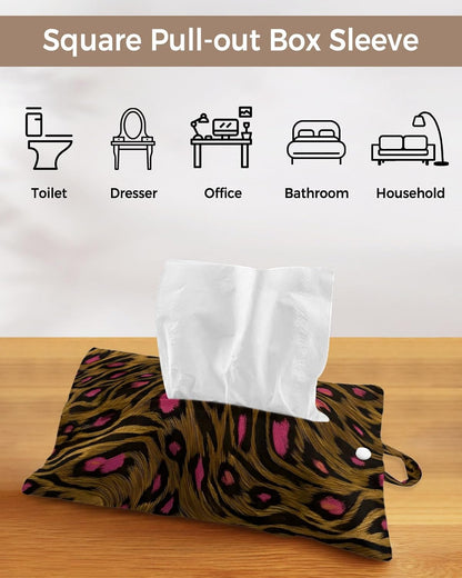 Tissues Box Cover Brown Pink Leopard Print Tissue Holder with Hanging Linen Organizer Dispenser Animal Skin Fur Tissues Box Covers Rectangle for Bathroom Toilet Car Office Kitchen Tabletop Decor 4 PCS