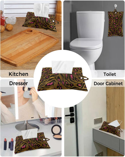 Tissues Box Cover Brown Pink Leopard Print Tissue Holder with Hanging Linen Organizer Dispenser Animal Skin Fur Tissues Box Covers Rectangle for Bathroom Toilet Car Office Kitchen Tabletop Decor 4 PCS