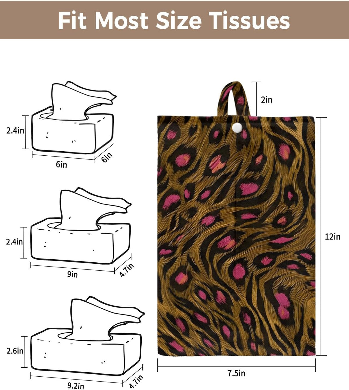 Tissues Box Cover Brown Pink Leopard Print Tissue Holder with Hanging Linen Organizer Dispenser Animal Skin Fur Tissues Box Covers Rectangle for Bathroom Toilet Car Office Kitchen Tabletop Decor 4 PCS