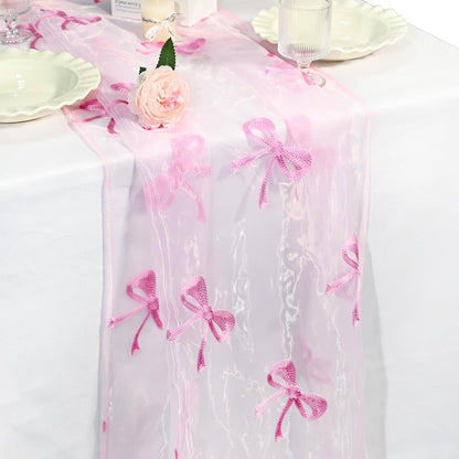 Lace Table Runner for Wedding 118x27.5 Inch Embroidered Heart & Bow Design, Red Pink Lace Tablecloth for Bridal Shower, Birthday Party, Anniversary Decoration (Pink)