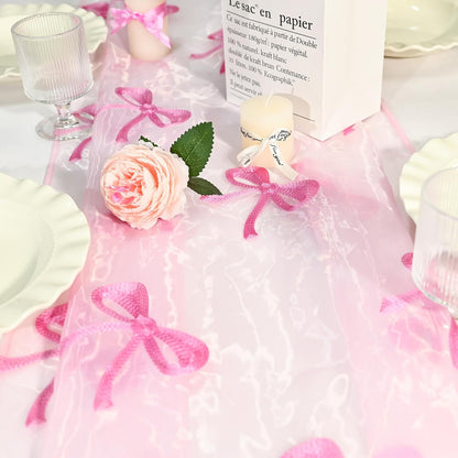 Lace Table Runner for Wedding 118x27.5 Inch Embroidered Heart & Bow Design, Red Pink Lace Tablecloth for Bridal Shower, Birthday Party, Anniversary Decoration (Pink)