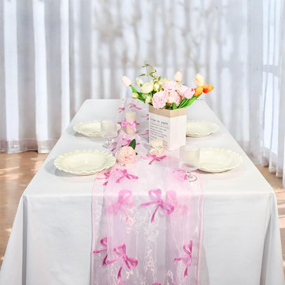 Lace Table Runner for Wedding 118x27.5 Inch Embroidered Heart & Bow Design, Red Pink Lace Tablecloth for Bridal Shower, Birthday Party, Anniversary Decoration (Pink)