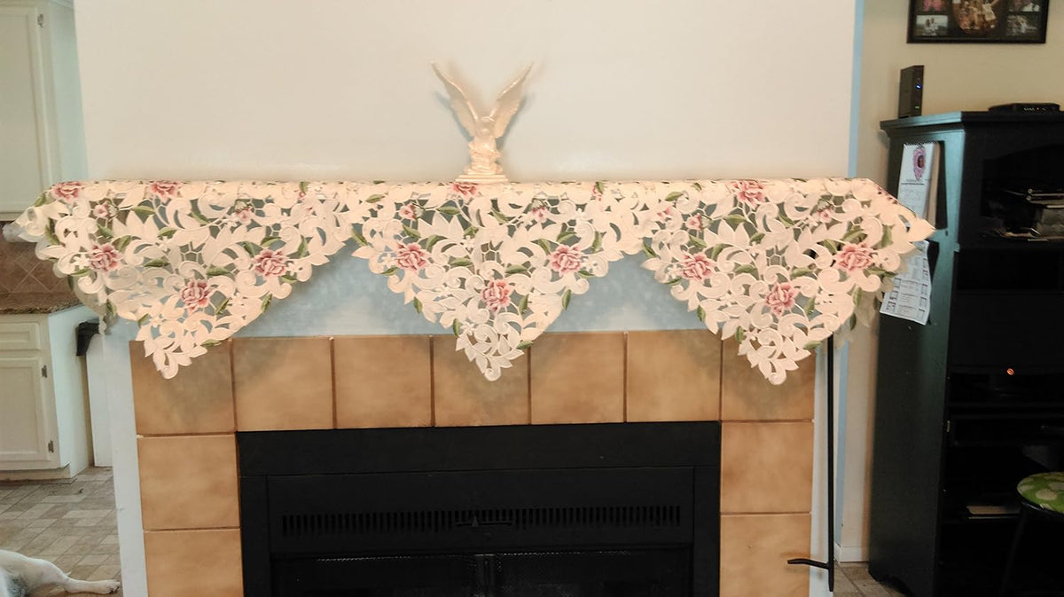 Fireplace Mantel Runner with Light Pink Cutwork Roses Size 84 x 27 inches Handmade