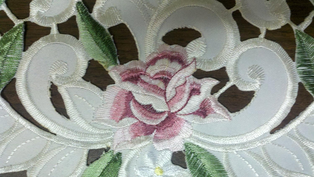 Fireplace Mantel Runner with Light Pink Cutwork Roses Size 84 x 27 inches Handmade