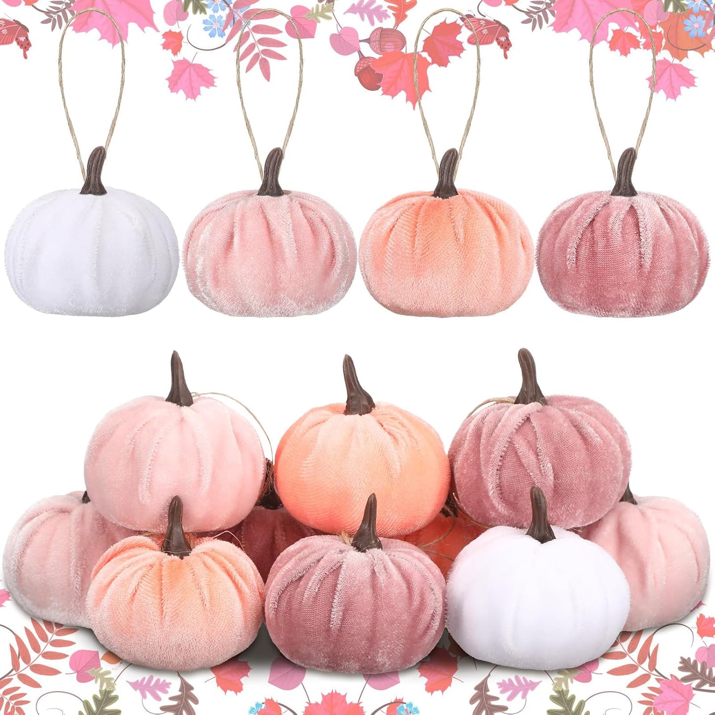 12 Pcs Fall Pumpkin Hanging Ornament, Fall Tree Decor, Pink White