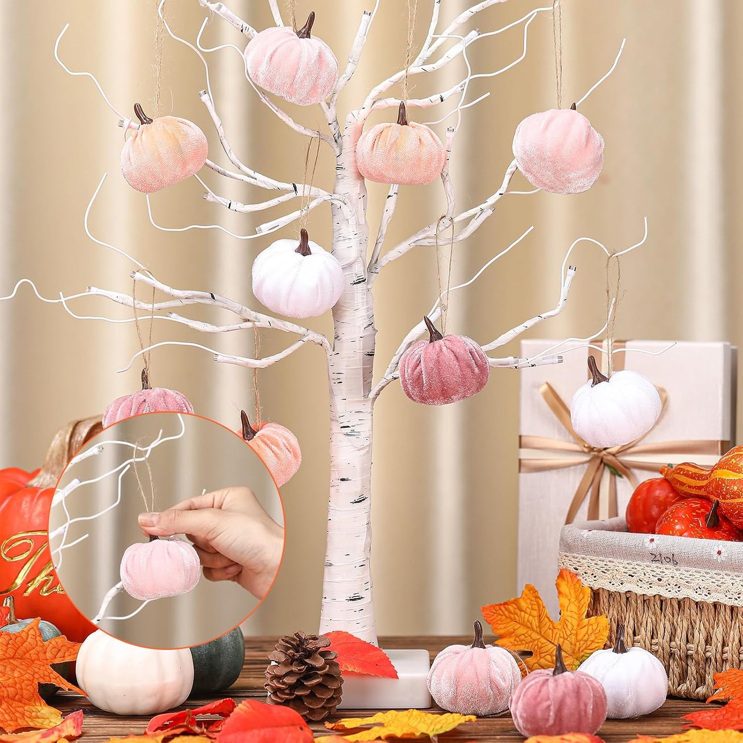 12 Pcs Fall Pumpkin Hanging Ornament, Fall Tree Decor, Pink White