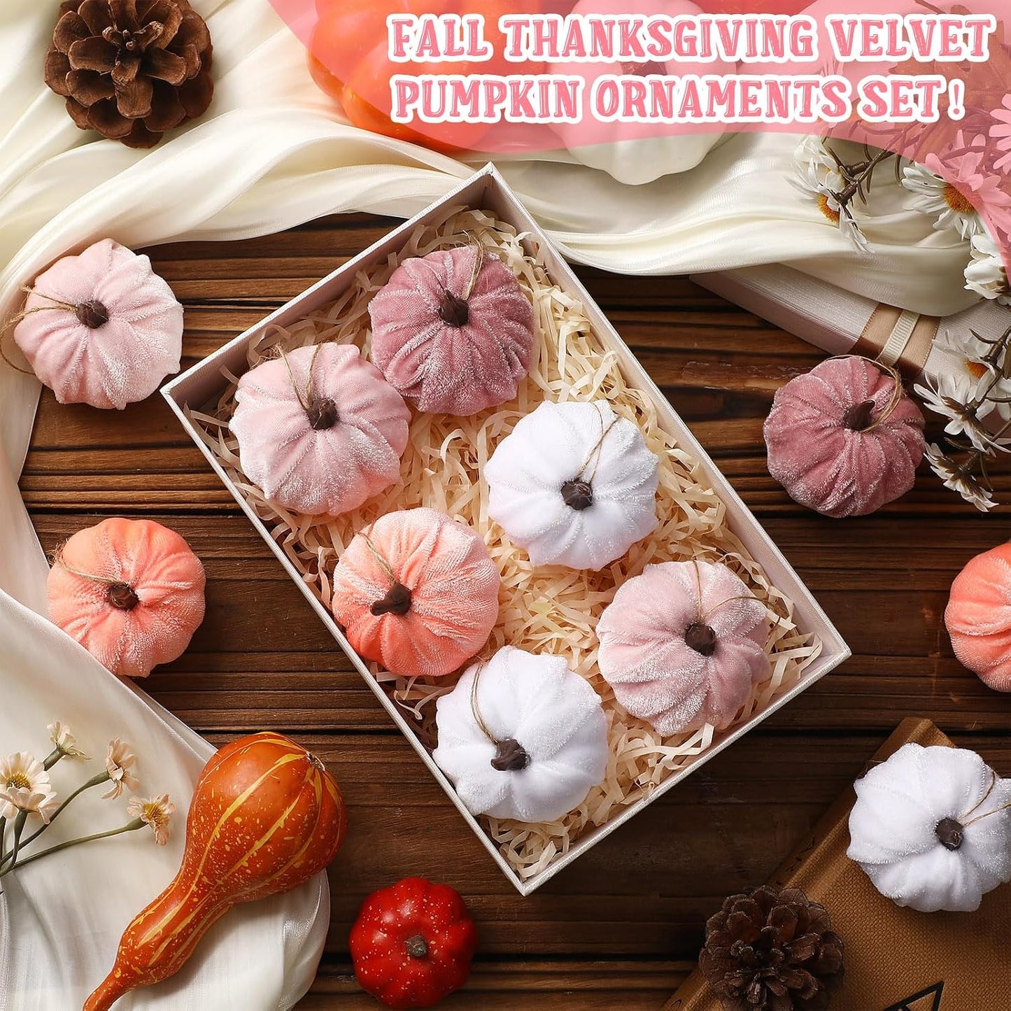 12 Pcs Fall Pumpkin Hanging Ornament, Fall Tree Decor, Pink White