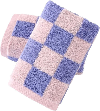 Checkered Hand Towel Set of 2 Soft 100% Cotton Pink and Purple Plaid Pattern Light Weight Highly Absorbent Quick Dry Hand Towels for Bathroom Decor 13 X 29 Inch