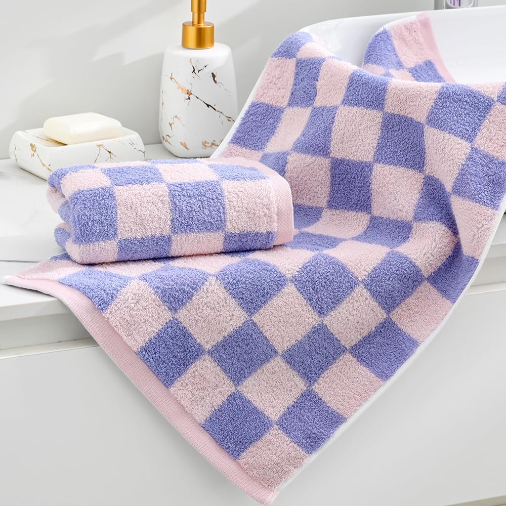 Checkered Hand Towel Set of 2 Soft 100% Cotton Pink and Purple Plaid Pattern Light Weight Highly Absorbent Quick Dry Hand Towels for Bathroom Decor 13 X 29 Inch