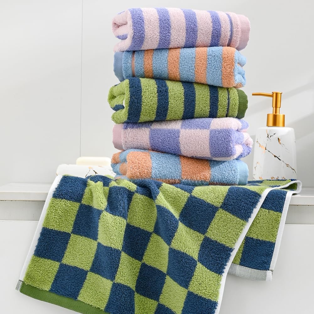 Checkered Hand Towel Set of 2 Soft 100% Cotton Pink and Purple Plaid Pattern Light Weight Highly Absorbent Quick Dry Hand Towels for Bathroom Decor 13 X 29 Inch