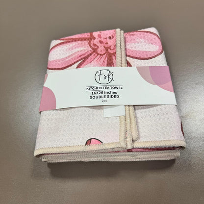 Microfiber Waffle Weave Kitchen Towels Set 2-Pack Quick Dry & Ultra Absorbent Dish Towels Reusable 26x16 Inch Paper Towel Alternative (Floral Design) (Pink)
