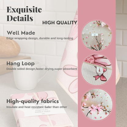 Microfiber Waffle Weave Kitchen Towels Set 2-Pack Quick Dry & Ultra Absorbent Dish Towels Reusable 26x16 Inch Paper Towel Alternative (Floral Design) (Pink)