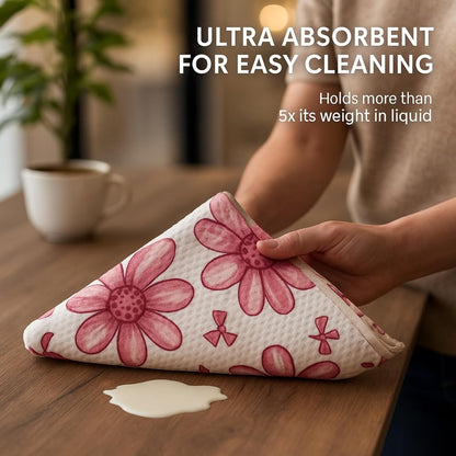 Microfiber Waffle Weave Kitchen Towels Set 2-Pack Quick Dry & Ultra Absorbent Dish Towels Reusable 26x16 Inch Paper Towel Alternative (Floral Design) (Pink)