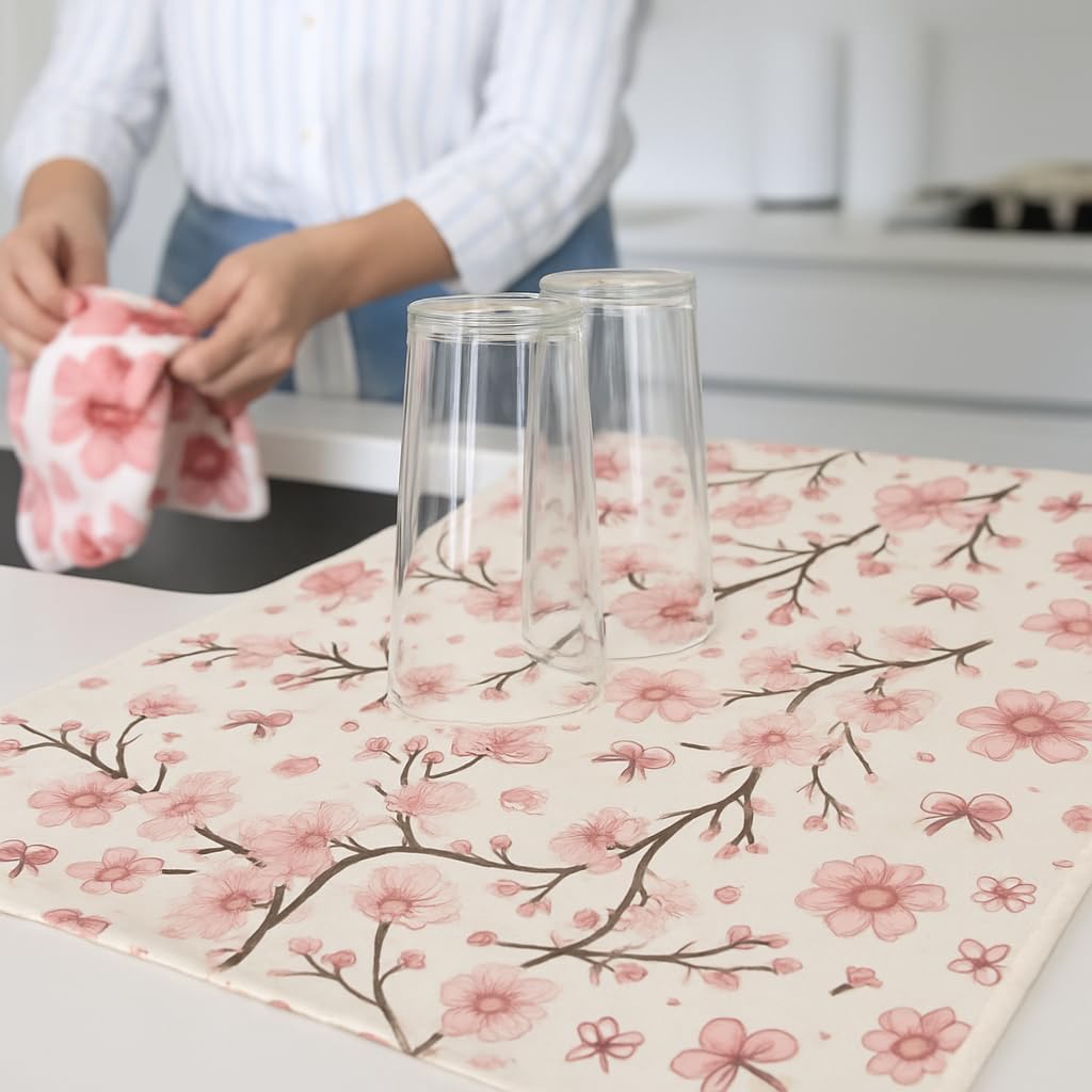 Microfiber Waffle Weave Kitchen Towels Set 2-Pack Quick Dry & Ultra Absorbent Dish Towels Reusable 26x16 Inch Paper Towel Alternative (Floral Design) (Pink)