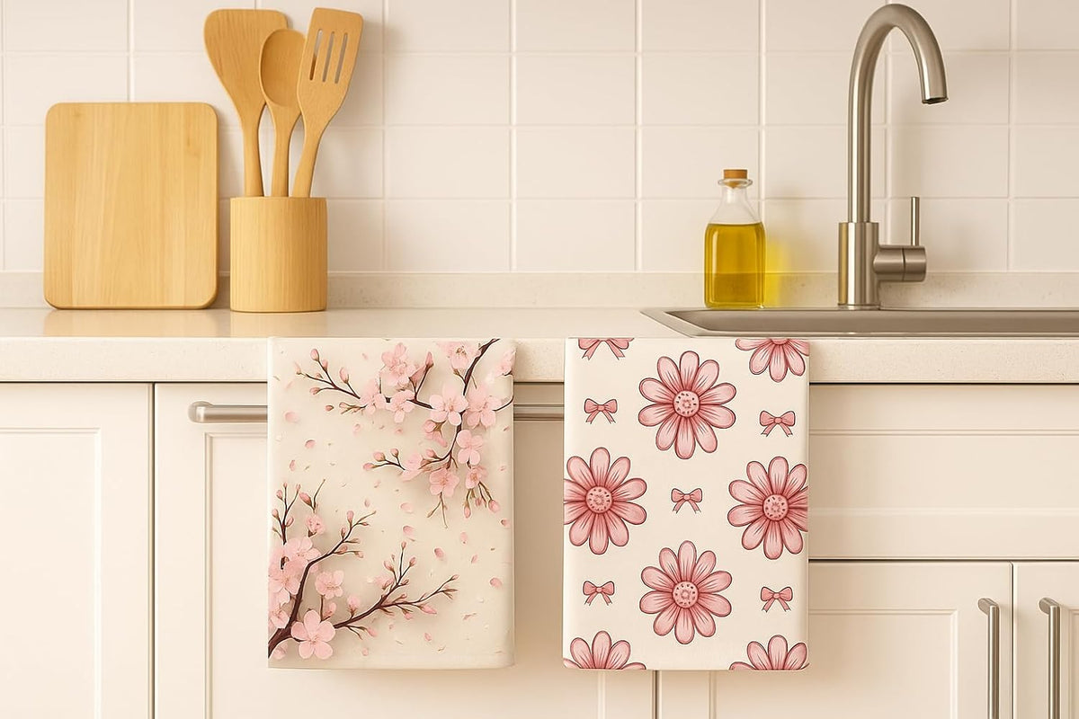 Microfiber Waffle Weave Kitchen Towels Set 2-Pack Quick Dry & Ultra Absorbent Dish Towels Reusable 26x16 Inch Paper Towel Alternative (Floral Design) (Pink)