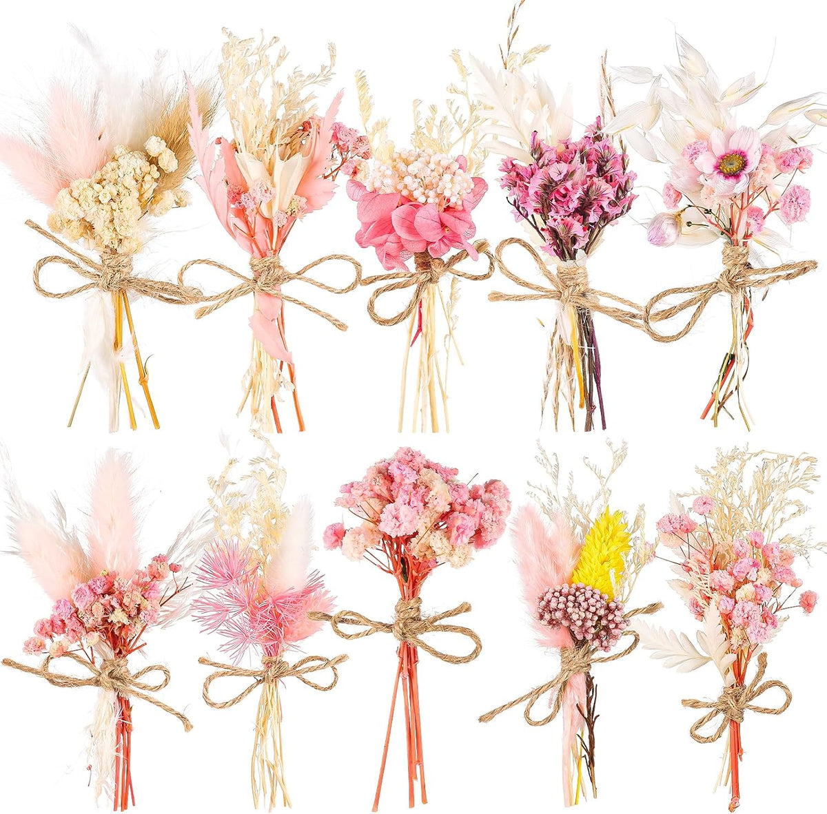 10 Pack Mini Dried Flower Bouquets Pink Series Natural Small Dry Flowers with Stem Boho Wedding Decor Artificial Floral Embossing Flower Bundles for Craft Vase, Table Centerpieces, Proposal Bouquet