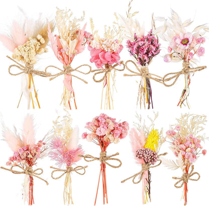 10 Pack Mini Dried Flower Bouquets Pink Series Natural Small Dry Flowers with Stem Boho Wedding Decor Artificial Floral Embossing Flower Bundles for Craft Vase, Table Centerpieces, Proposal Bouquet
