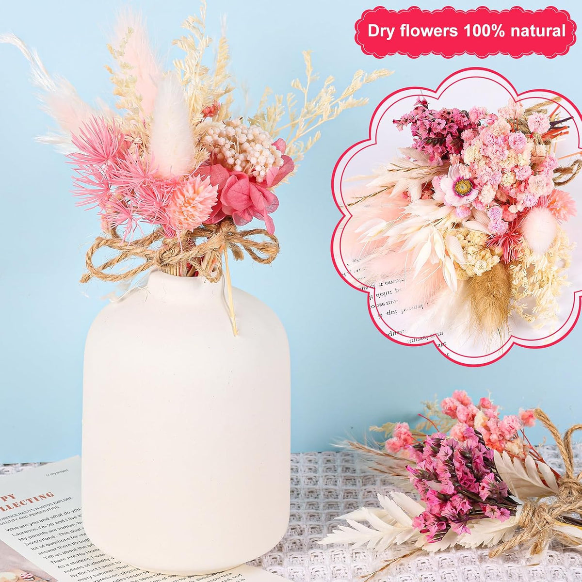 10 Pack Mini Dried Flower Bouquets Pink Series Natural Small Dry Flowers with Stem Boho Wedding Decor Artificial Floral Embossing Flower Bundles for Craft Vase, Table Centerpieces, Proposal Bouquet
