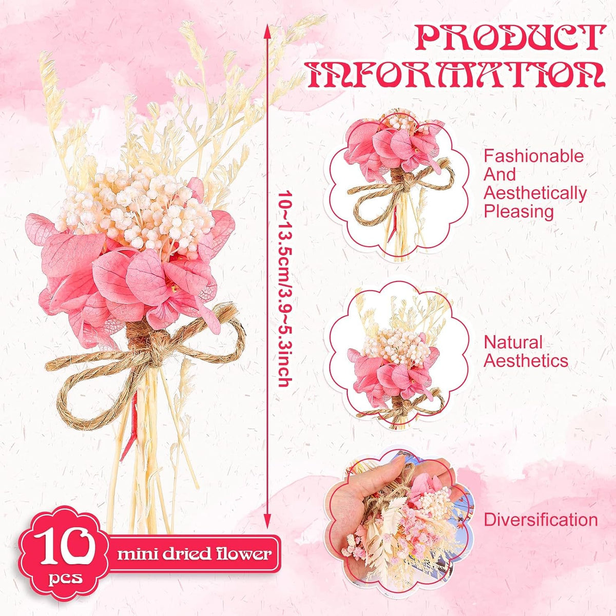10 Pack Mini Dried Flower Bouquets Pink Series Natural Small Dry Flowers with Stem Boho Wedding Decor Artificial Floral Embossing Flower Bundles for Craft Vase, Table Centerpieces, Proposal Bouquet