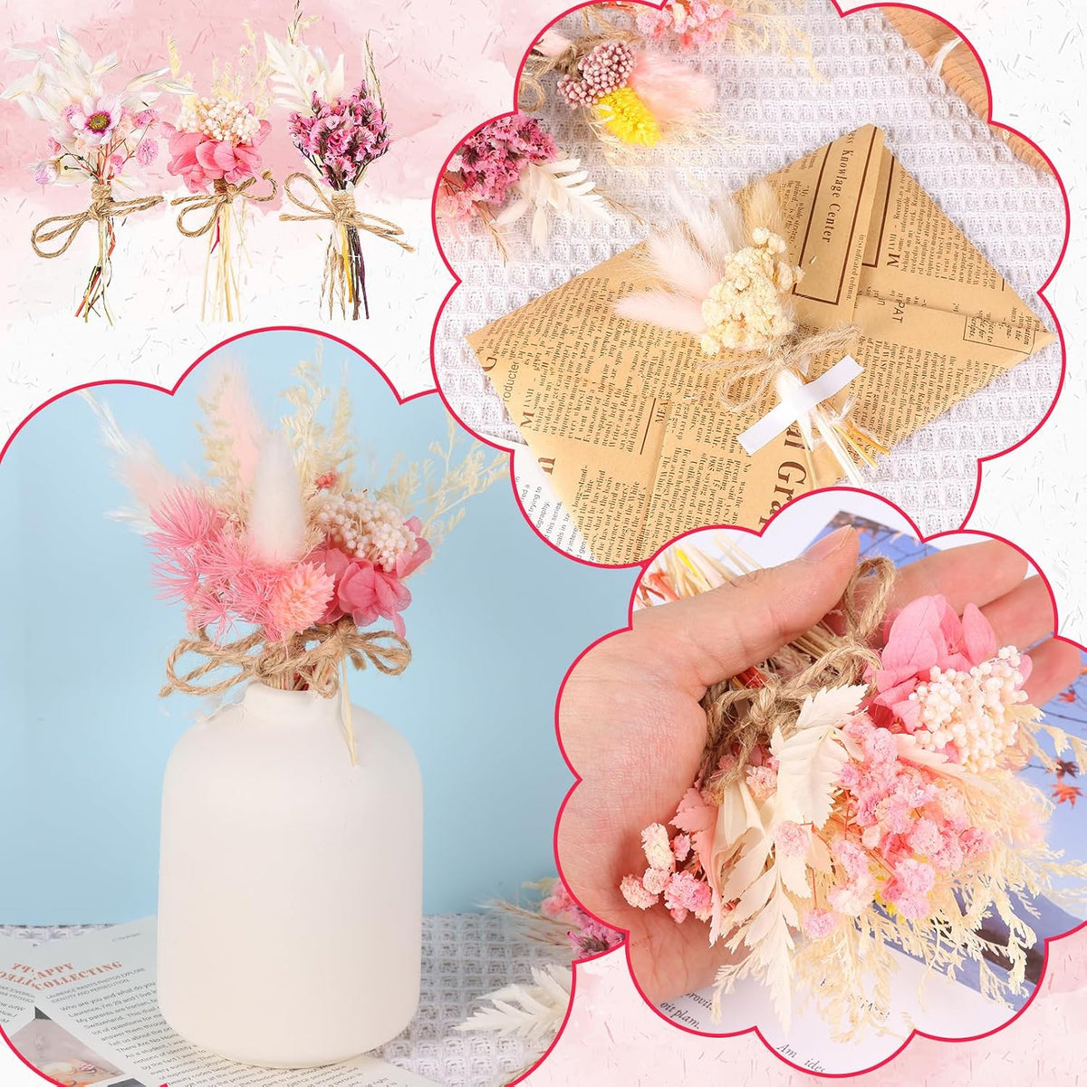10 Pack Mini Dried Flower Bouquets Pink Series Natural Small Dry Flowers with Stem Boho Wedding Decor Artificial Floral Embossing Flower Bundles for Craft Vase, Table Centerpieces, Proposal Bouquet
