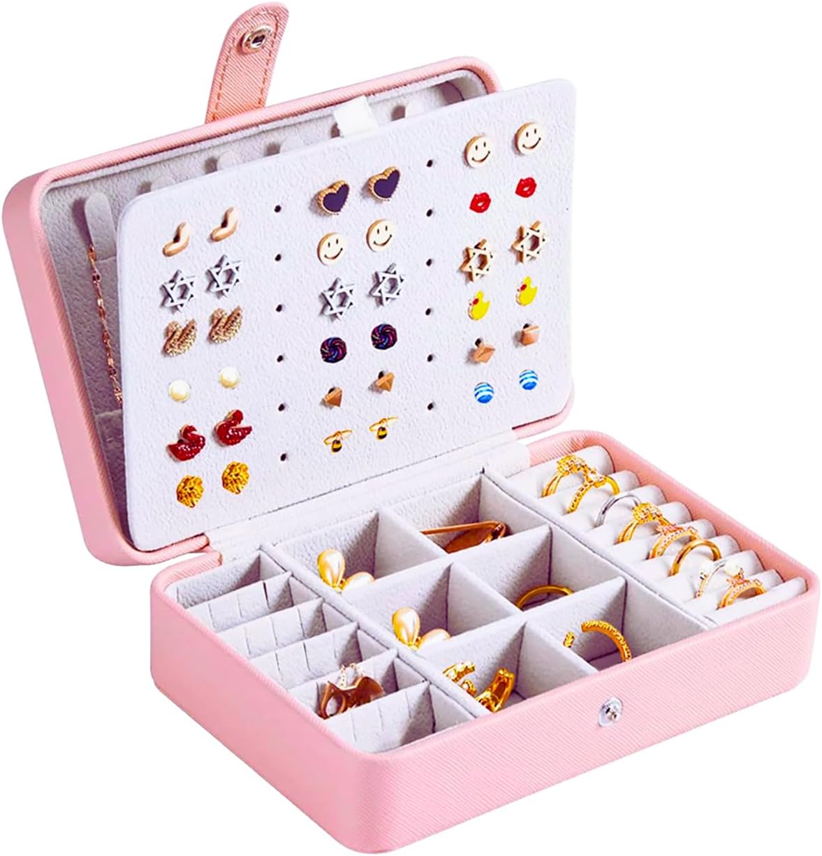 All-in-One Travel Jewelry Organizer for Women Pink | Small Jewelry Box with 68 Earring Holes | Compact Portable Jewelry Case for Earrings, Rings, Necklaces | Perfect Gifts for Mom Wife Girls