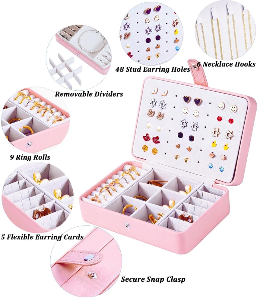 All-in-One Travel Jewelry Organizer for Women Pink | Small Jewelry Box with 68 Earring Holes | Compact Portable Jewelry Case for Earrings, Rings, Necklaces | Perfect Gifts for Mom Wife Girls