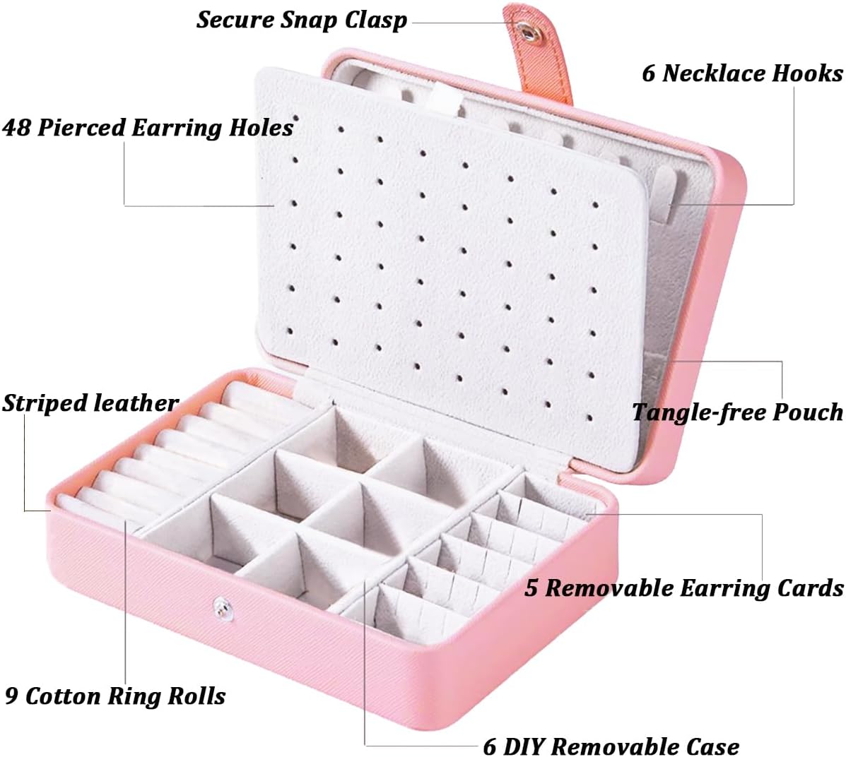 All-in-One Travel Jewelry Organizer for Women Pink | Small Jewelry Box with 68 Earring Holes | Compact Portable Jewelry Case for Earrings, Rings, Necklaces | Perfect Gifts for Mom Wife Girls