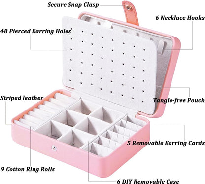 All-in-One Travel Jewelry Organizer for Women Pink | Small Jewelry Box with 68 Earring Holes | Compact Portable Jewelry Case for Earrings, Rings, Necklaces | Perfect Gifts for Mom Wife Girls