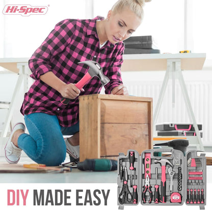 Hi-Spec Woman Home DIY Repair Pink Tool Kit with Portable Toolbox Case