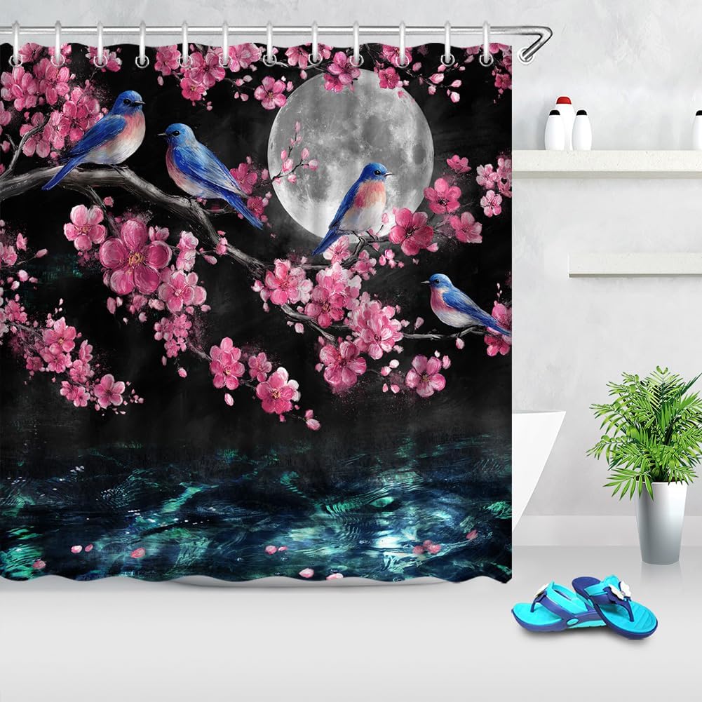 Pink Cherry Blossom Moon Bird Shower Curtain