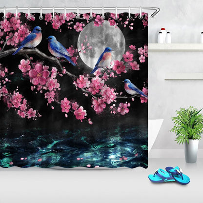 Pink Cherry Blossom Moon Bird Shower Curtain