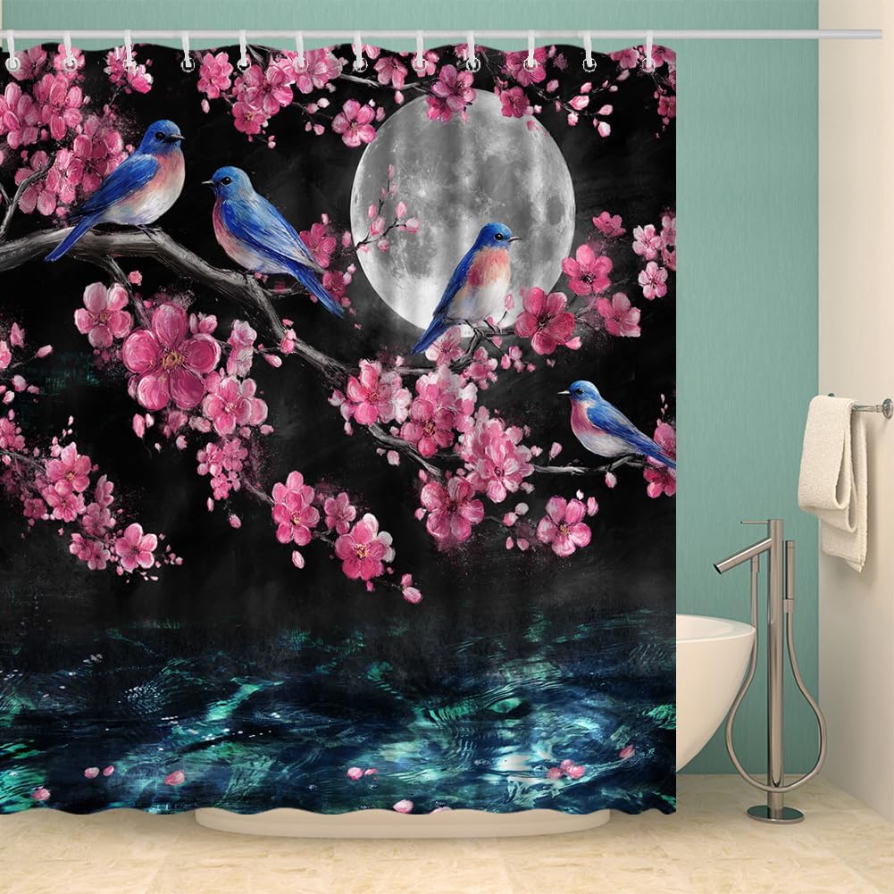 Pink Cherry Blossom Moon Bird Shower Curtain