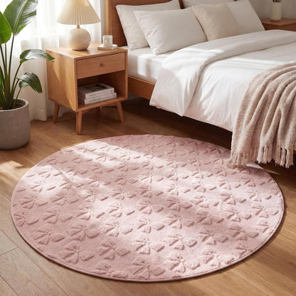 3D Bow Round Rug for Girls, Pink Fleece Circle Carpet 4 ft