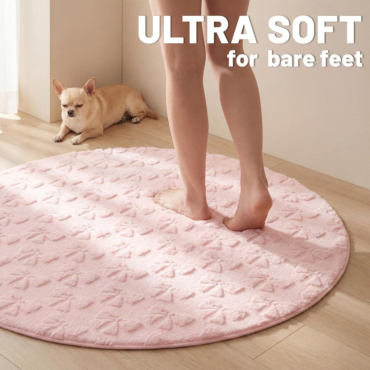 3D Bow Round Rug for Girls, Pink Fleece Circle Carpet 4 ft
