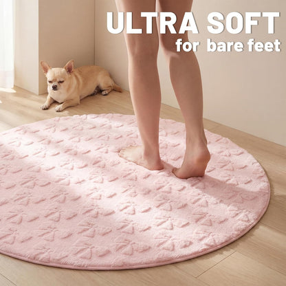 3D Bow Round Rug for Girls, Pink Fleece Circle Carpet 4 ft